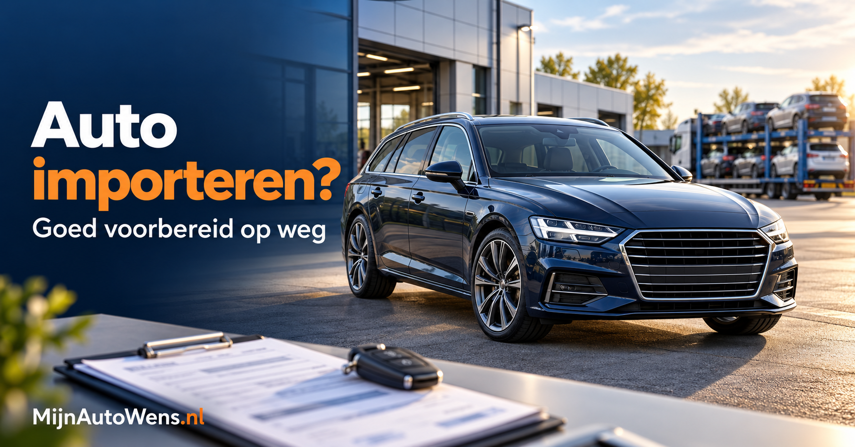 Blauwe stationwagen bij een keuringsgebouw met autopapieren en een autosleutel op de voorgrond.